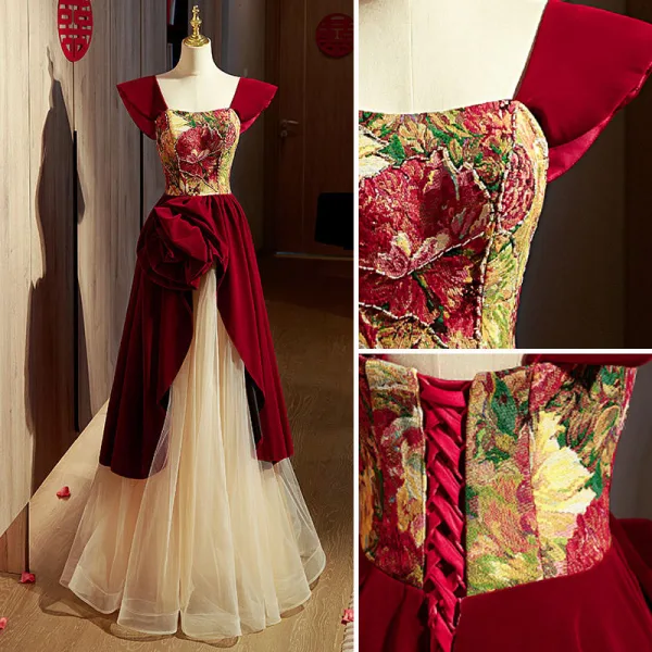 Vintage / Retro Burgundy Suede Printing Prom Dresses 2022 A-Line / Princess Square Neckline Short Sleeve Backless Floor-Length / Long Prom Formal Dresses