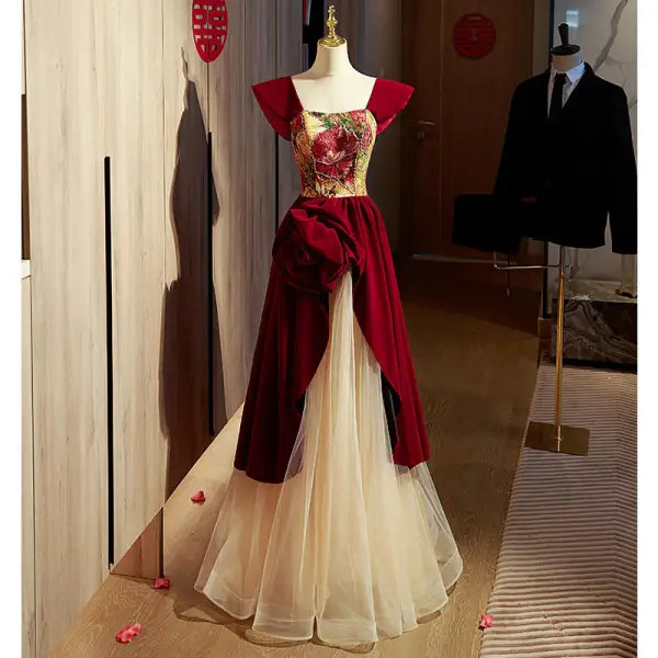 Vintage / Retro Burgundy Suede Printing Prom Dresses 2022 A-Line / Princess Square Neckline Short Sleeve Backless Floor-Length / Long Prom Formal Dresses