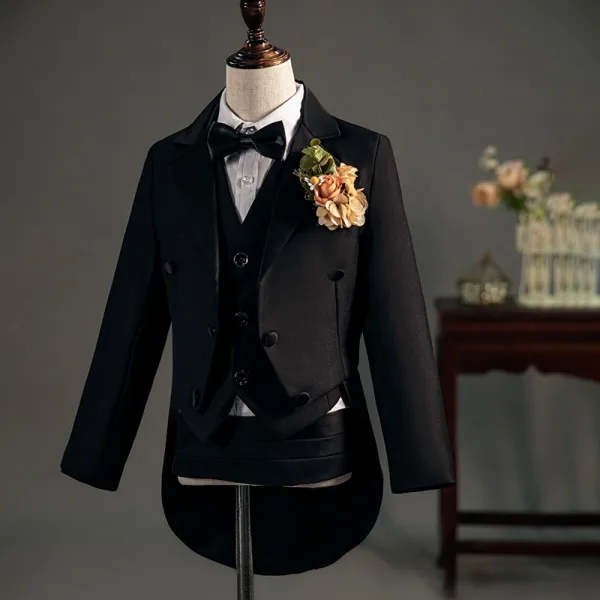 Black Long Sleeve Wedding Boys Wedding Suits 2025 Body Jewellery Coat Tailcoat / Tuxedo Girdle Pants Shirt Tie Vest