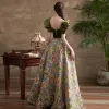 Fancy Dark Green Printing Prom Dresses 2022 Ball Gown Square Neckline Puffy Short Sleeve Backless Bow Sash Floor-Length / Long Formal Dresses