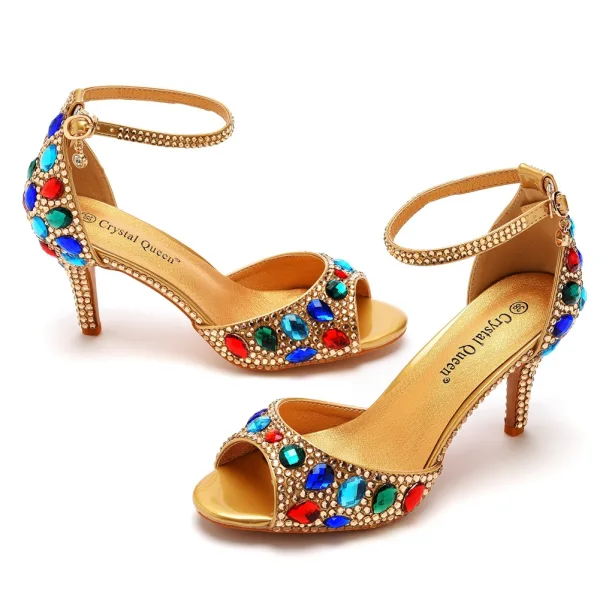 Chic / Beautiful Gold Evening Party Multi-Colors Rhinestone Womens Sandals 2023 Ankle Strap 7 cm Stiletto Heels Open / Peep Toe Sandals High Heels