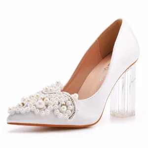 Chic Belle Blanche Perle Faux Diamant Chaussure De Mariée 2023 Satin 9 Cm Cristal Talons Épais À Bout Pointu Mariage Escarpins Talons Hauts