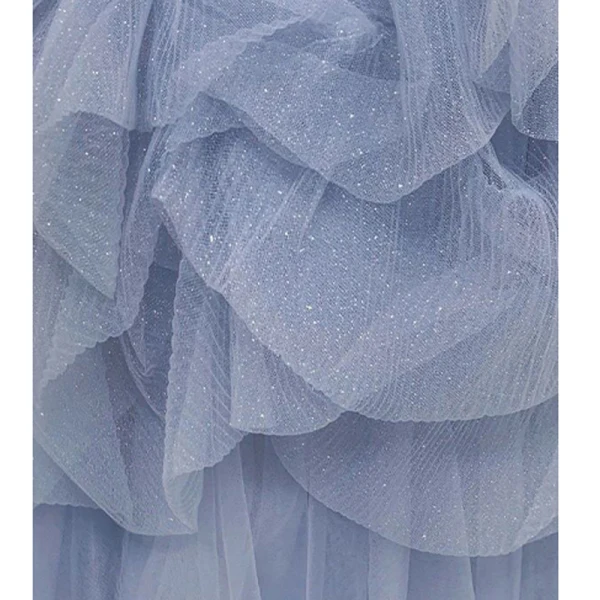 Chic / Beautiful Sky Blue Cascading Ruffles Sequins Prom Dresses 2023 A-Line / Princess Off-The-Shoulder Puffy Short Sleeve Backless Floor-Length / Long Prom Formal Dresses