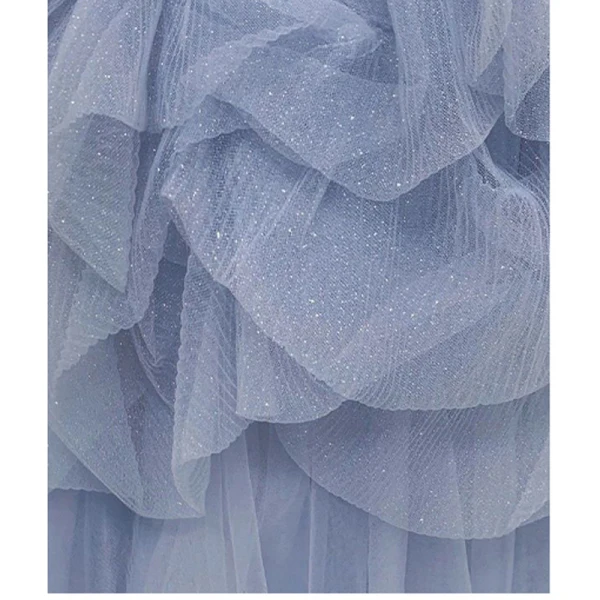 Chic / Beautiful Sky Blue Sequins Cascading Ruffles Prom Dresses 2023 A-Line / Princess Off-The-Shoulder Ruffle Short Sleeve Backless Floor-Length / Long Prom Formal Dresses