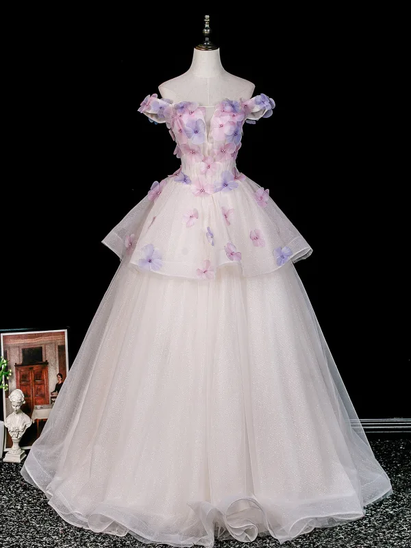 Blumenfee Weiß Perle Applikationen Ballkleider 2026 Ballkleid Off Shoulder Kurze Ärmel Rückenfreies