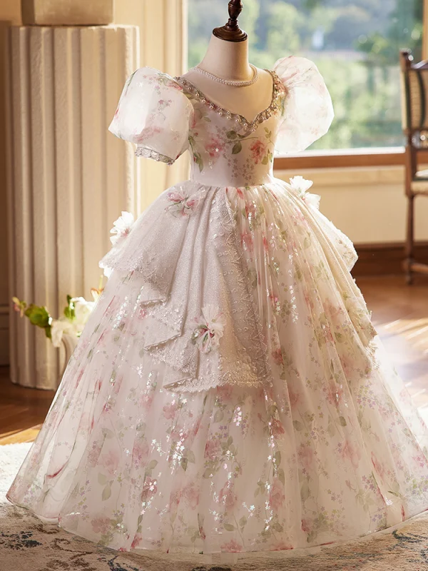 Chic / Beautiful Blushing Pink Beading Pearl Printing Birthday Flower Girl Dresses 2024 Ball Gown Scoop Neck Puffy Short Sleeve Backless Floor-Length / Long