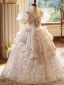 Chic / Beautiful Blushing Pink Beading Pearl Printing Birthday Flower Girl Dresses 2024 Ball Gown Scoop Neck Puffy Short Sleeve Backless Floor-Length / Long