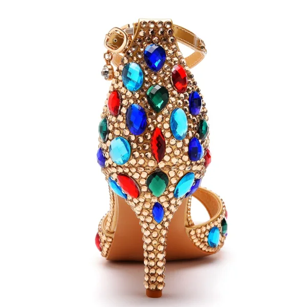 Chic / Beautiful Gold Evening Party Multi-Colors Rhinestone Womens Sandals 2023 Ankle Strap 7 cm Stiletto Heels Open / Peep Toe Sandals High Heels