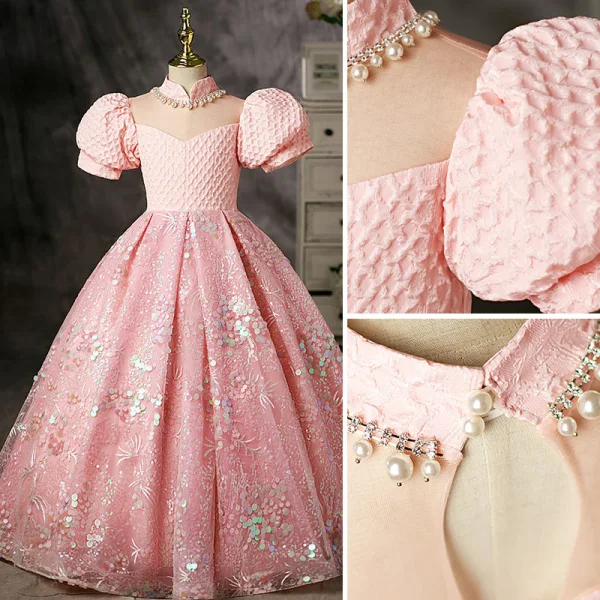 Charmant Rose Bonbon Anniversaire Perle Faux Diamant Paillettes Robe Ceremonie Fille 2022 Robe Boule Col Haut Gonflée Manches Courtes Longue Robe Ceremonie Fille