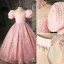 Charmant Rose Bonbon Anniversaire Perle Faux Diamant Paillettes Robe Ceremonie Fille 2022 Robe Boule Col Haut Gonflée Manches Courtes Longue Robe Ceremonie Fille