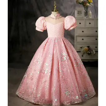 Charmant Rose Bonbon Anniversaire Perle Faux Diamant Paillettes Robe Ceremonie Fille 2022 Robe Boule Col Haut Gonflée Manches Courtes Longue Robe Ceremonie Fille