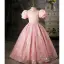 Charmant Rose Bonbon Anniversaire Perle Faux Diamant Paillettes Robe Ceremonie Fille 2022 Robe Boule Col Haut Gonflée Manches Courtes Longue Robe Ceremonie Fille