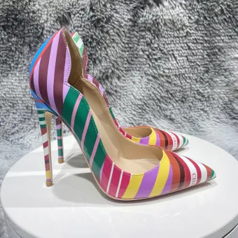 Unusual Multi Colors Stripe Prom Pumps 2023 Patent Leather 12 Cm Stiletto Heels Pointed Toe Pumps High Heels