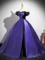 Vintage / Retro Purple Split Front Satin Prom Dresses 2025 Ball Gown Off-The-Shoulder Short Sleeve Backless Floor-Length / Long Formal Dresses