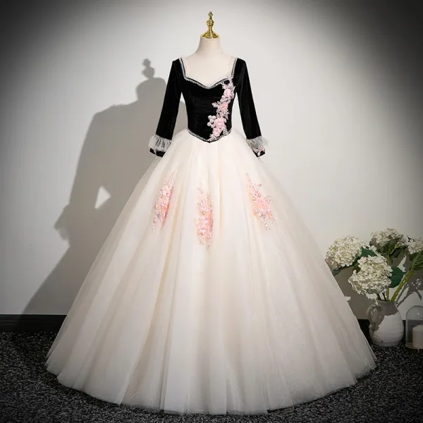 Elegant Burgundy Beading Sequins Lace Flower Appliques Prom Dresses 2025 Ball Gown Square Neckline 3/4 Sleeve Backless Floor-Length / Long Formal Dresses