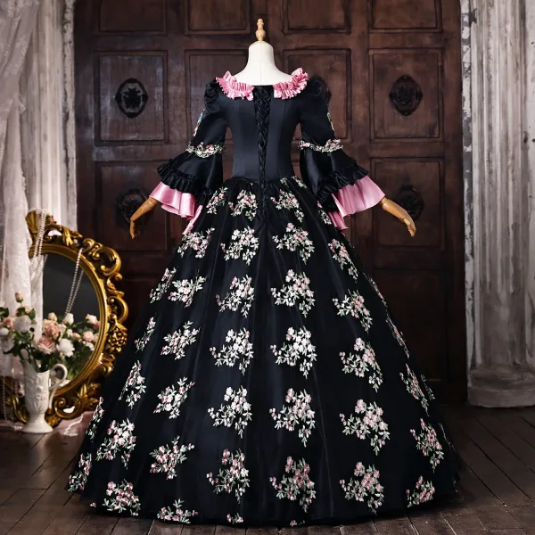 Medieval Vintage / Retro Black Bow Lace Flower Prom Dresses 2026 Ball Gown Square Neckline Bell sleeves Floor-Length / Long Formal Dresses