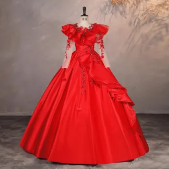 Vintage Originale Rouge Perlage Paillettes En Dentelle Fleur Appliques Robe De Bal 2025 Robe Boule Encolure Dégagée Manches Longues Dos Nu Longue Robe De Ceremonie