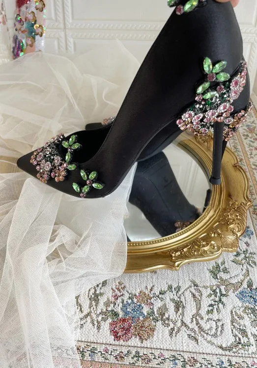 Chic / Belle Noire Faux Diamant Promo Escarpins 2024 Satin 10 cm Talons Aiguilles À Bout Pointu Escarpins Talons Hauts