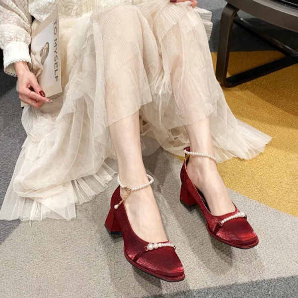 Vintage / Retro Beige Street Wear Satin Pumps 2022 Pearl Ankle Strap 5 cm Thick Heels Square Toe Pumps High Heels