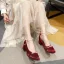 Vintage / Retro Beige Street Wear Satin Pumps 2022 Pearl Ankle Strap 5 cm Thick Heels Square Toe Pumps High Heels