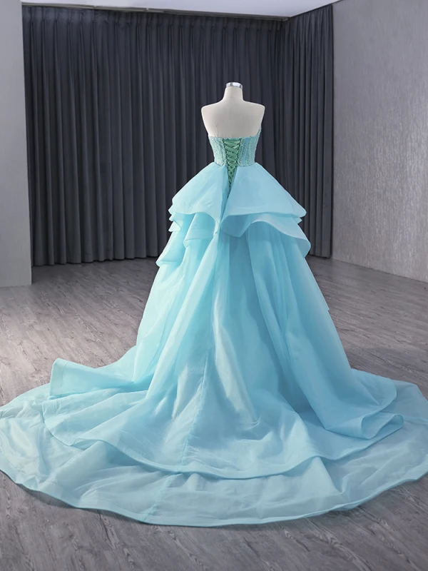 Haut de Gamme Bleu Fait main Perlage Paillettes Robe De Soirée 2024 Trompette / Sirène Bustier Sans Manches Dos Nu Tribunal Train Soirée Robe De Ceremonie