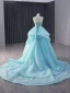 Haut de Gamme Bleu Fait main Perlage Paillettes Robe De Soirée 2024 Trompette / Sirène Bustier Sans Manches Dos Nu Tribunal Train Soirée Robe De Ceremonie