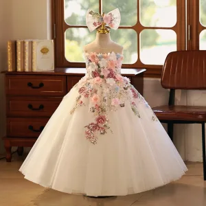 Fée Des Fleurs Blanche Perlage Perle Paillettes En Dentelle Fleur Appliques Anniversaire Robe Ceremonie Fille 2025 Robe Boule Bustier Sans Manches Longue Tulle