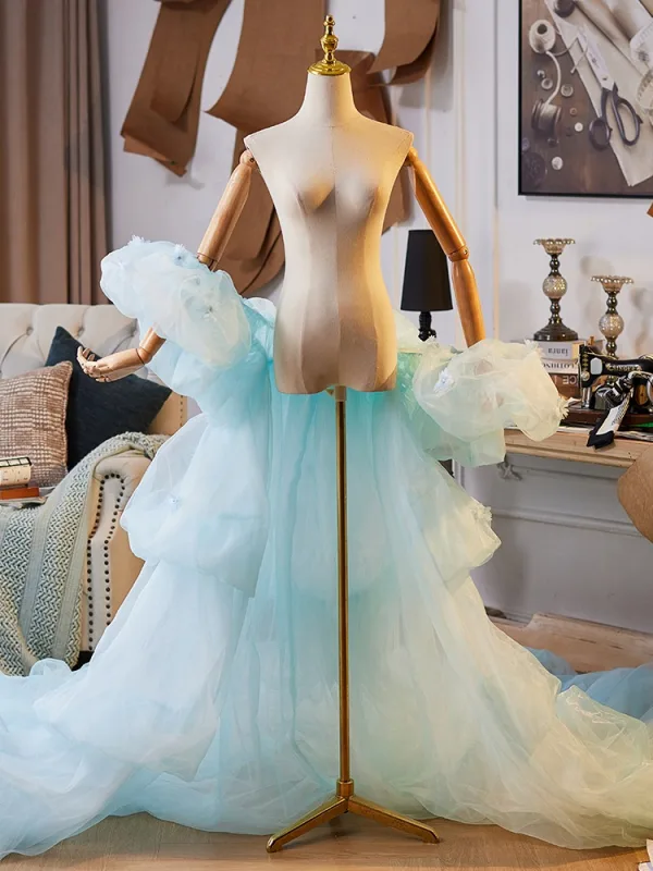 Amazing / Unique Sky Blue Cascading Ruffles Puffy Short Sleeve Shawls 2025 Prom