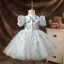 Élégant Bleu Ciel Appliques Perle Paillettes Promo Robe Ceremonie Fille 2022 Robe Boule Encolure Dégagée En Dentelle Gonflée Manches Courtes Longue Robe Ceremonie Fille