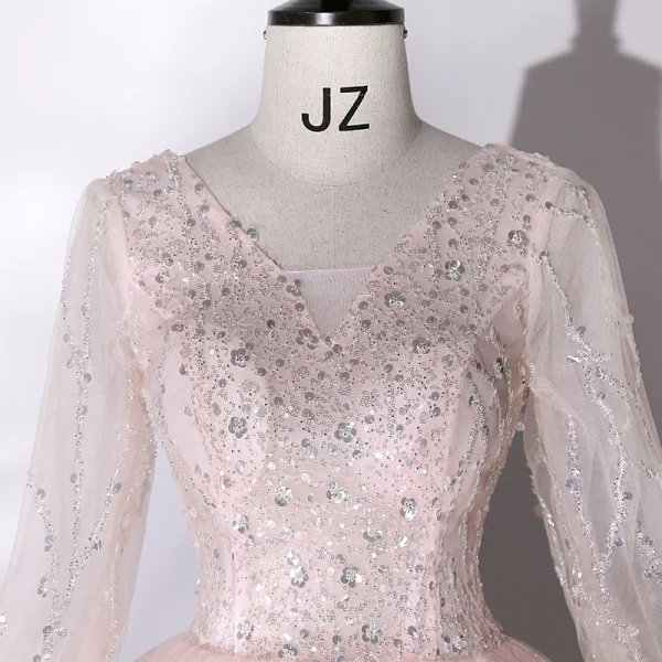 Chic / Belle Rougissant Rose Paillettes Robe De Bal 2022 Robe Boule V-Cou Manches Longues Dos Nu Longue Robe De Ceremonie