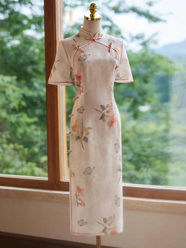 Chinese style Beige Printing Tea-length Cheongsam / Qipao 2024 Trumpet / Mermaid Polyester Short Sleeve