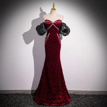 Sexy Bordeaux Perlage Perle Robe De Soirée 2024 Trompette Sirène Bustier Gonflée Manches Courtes Dos Nu Longue Soirée Robe De Ceremonie