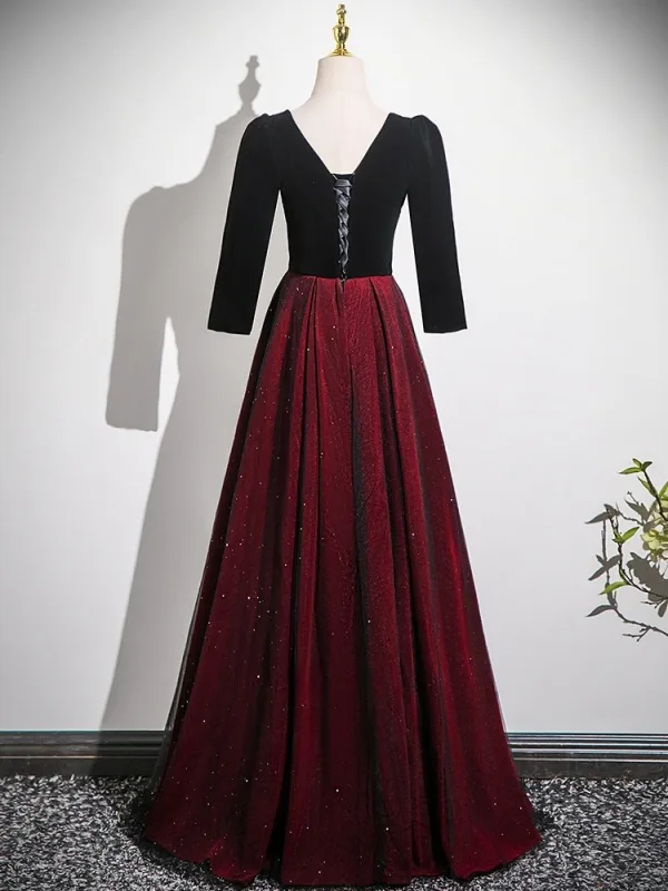 Vintage / Retro Burgundy Glitter Prom Dresses 2025 A-Line / Princess Square Neckline Long Sleeve Backless Floor-Length / Long Prom Formal Dresses