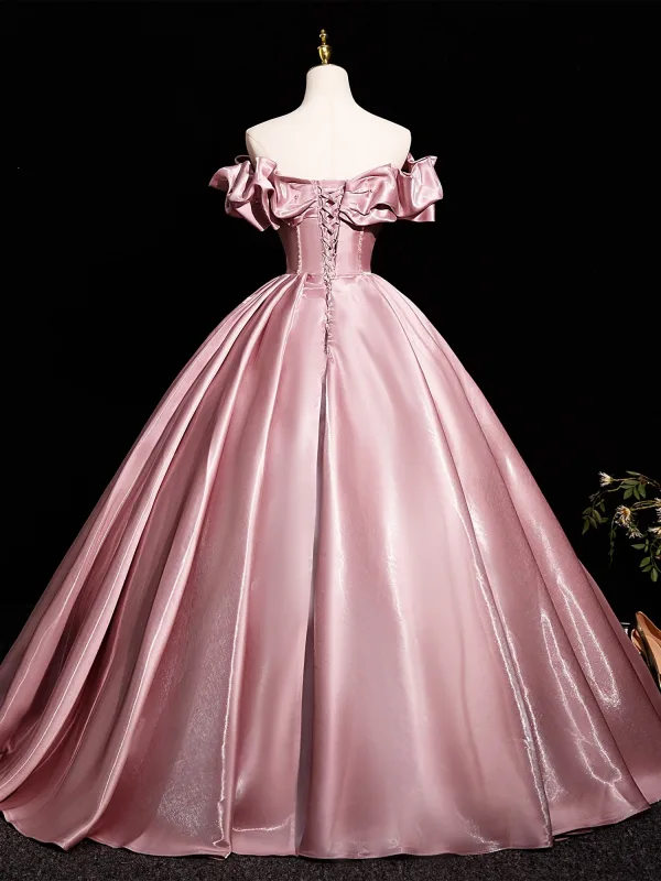 Elegant Mint Green Satin Prom Dresses 2025 Ball Gown Off-The-Shoulder Short Sleeve Backless Floor-Length / Long Prom Formal Dresses