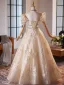 Chic / Beautiful Champagne Rhinestone Prom Dresses 2025 Ball Gown Off-The-Shoulder Short Sleeve Backless Floor-Length / Long Prom Formal Dresses