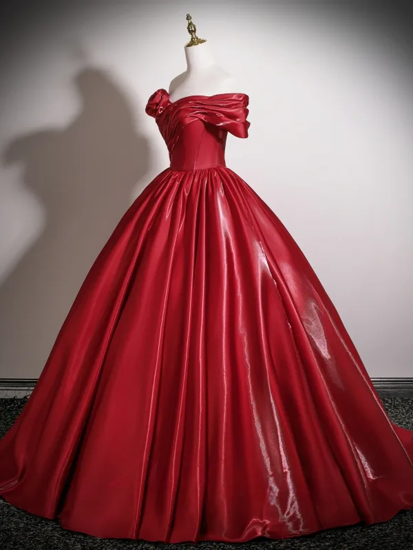 Elegant Red Flower Prom Dresses 2025 Ball Gown Off-The-Shoulder Short Sleeve Backless Floor-Length / Long Formal Dresses