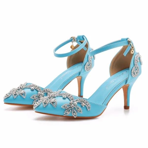 Sexy Silber Strass Brautschuhe 2023 7 cm Stilettos Knöchelriemen Spitzschuh Hochzeit Sandaletten Hochhackige
