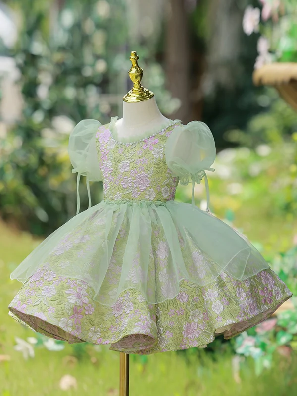 Chic / Beautiful Sage Green Flower Prom Short Flower Girl Dresses 2022 Ball Gown Pearl Scoop Neck Puffy Short Sleeve Backless Flower Girl Dresses