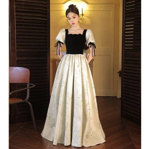 Elegantes Negro Vestidos de gala 2023 A-Line / Princess Escote Cuadrado Manga Corta Sin Espalda Bowknot Largos Vestidos Formales