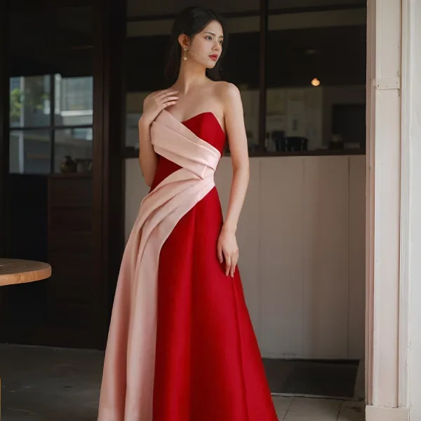 Chic / Beautiful Burgundy A-Line / Princess Prom Dresses 2024 Strapless Sleeveless Backless Floor-Length / Long Prom Formal Dresses