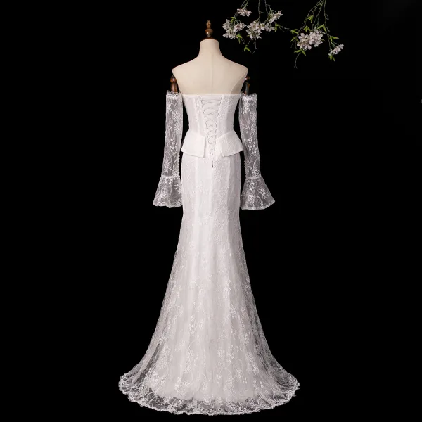 Vintage / Retro High-end White Pearl Lace Flower Wedding Dresses 2026 Trumpet / Mermaid Strapless Sleeveless Backless Sweep Train Wedding