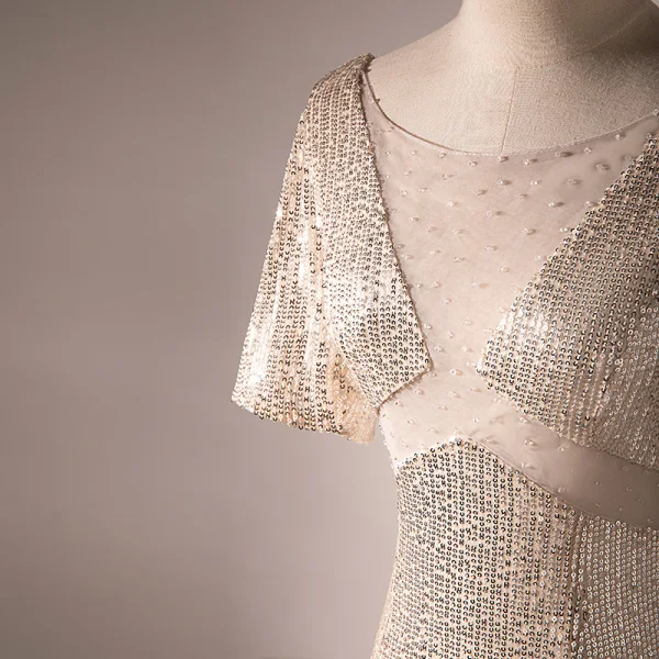 Scintillantes Charmant Champagne Perlage Paillettes Robe De Soirée 2022 Trompette / Sirène Encolure Dégagée Manches Courtes Dos Nu Longue Soirée Robe De Ceremonie
