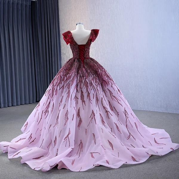 High-end Gradient-Color Burgundy Handmade  Beading Prom Dresses 2023 Ball Gown V-Neck Sleeveless Backless Floor-Length / Long Formal Dresses