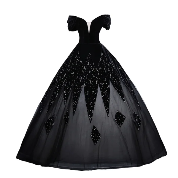 Vintage / Retro Black Rhinestone Prom Dresses 2024 Ball Gown Off-The-Shoulder Short Sleeve Backless Floor-Length / Long Prom Formal Dresses