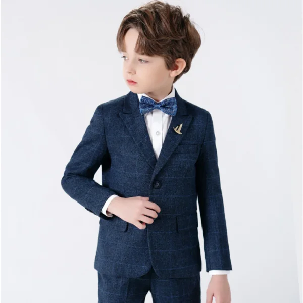 Modern / Fashion Navy Blue Long Sleeve 5-piece Boys Wedding Suits 2023 Wedding Coat Pants Shirt Tie Vest