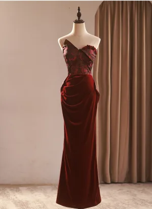 Sexy Burgunder Printing Selskapskjoler 2026 Trompet Havfrue Strapless Uten Ermer Ryggløse Sløyfe Lange Formelle Kjoler