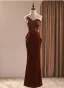 Sexy Burgundy Printing Evening Dresses 2026 Trumpet / Mermaid Strapless Sleeveless Backless Bow Floor-Length / Long Formal Dresses