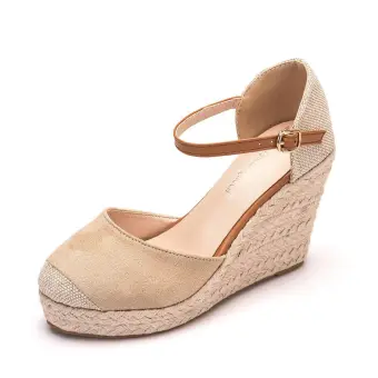 Chic Beautiful Beige Street Wear Braid Womens Sandals 2022 9 Cm Wedges Round Toe Womens Sandals