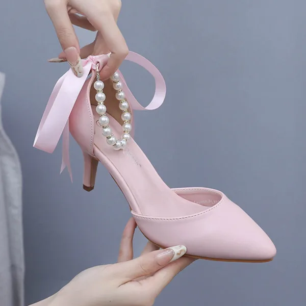 Sexy Black Pearl Ankle Strap Evening Party Womens Shoes 2024 7 cm Stiletto Heels Pointed Toe High Heels