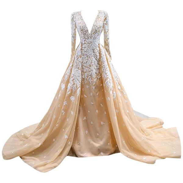 Luxury / Gorgeous Champagne Beading Sequins Lace Flower Evening Dresses 2023 Trumpet / Mermaid Deep V-Neck Long Sleeve Backless Court Train Evening Party Formal Dresses